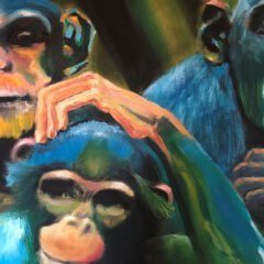 Gemälde auf dem 3 Affen zu sehen sind. Die Farbe ihres Fells ist blau