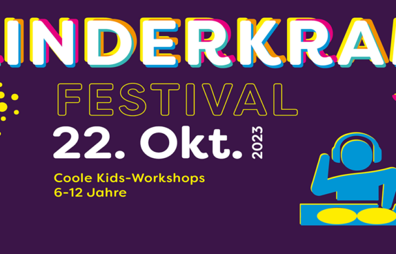 Der Flyer des Kinderkramfestivals. Darauf abgebildet eine Schere, Masken und ein DJ .