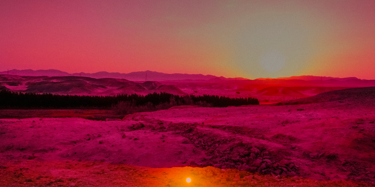 Eine weite, karge Landschaft bei Sonnenuntergang. Der Himmel leuchtet intensiv in Rosa-, Orange- und Gelbtönen. In der Ferne sind dunkle Hügel und eine Baumreihe zu sehen, während der Vordergrund von rötlich-violettem Gestein und Sand bedeckt ist. Die Atmosphäre wirkt surreal und farbverfremdet, fast außerirdisch.