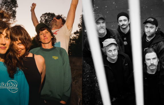 Auf dem Bild ist einmal die Band Tropical Fuck Storm zu sehen, und auch die Band Pigs Pigs Pigs Pigs Pigs Pigs Pigs.